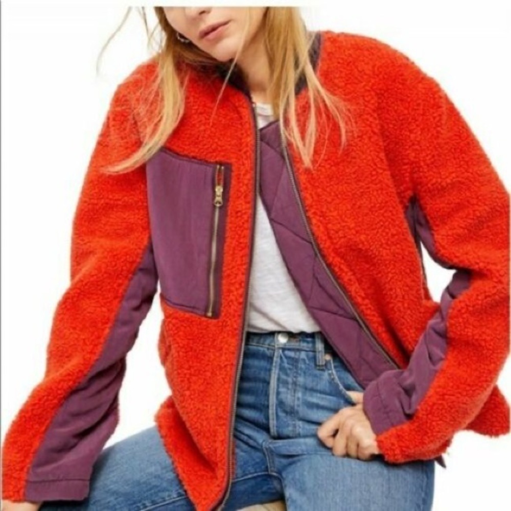 We the free Rivington Sherpa jacket red deep pile fleece and purple accents sz.M